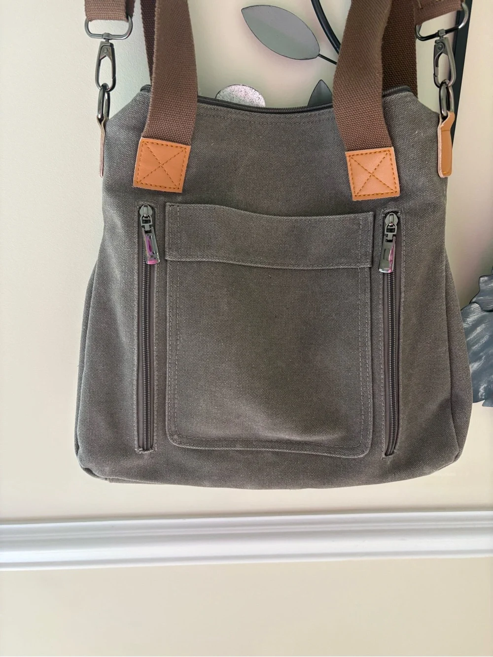 Canvas Tote Crossbody Bag in Gray with Brown Straps